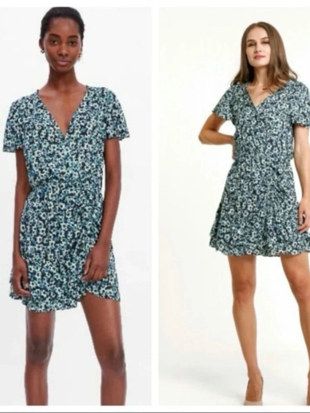 Zara floral ruched side short sleeve v-neck summer dress Size XS
